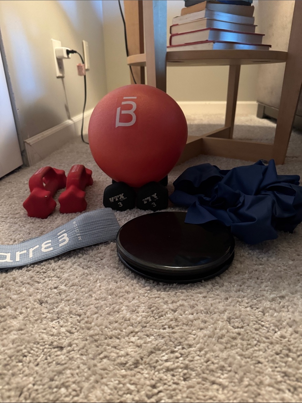 Barre ball, sliders, weights, Blue Fabric Resistance Band, 2 stretchy bands